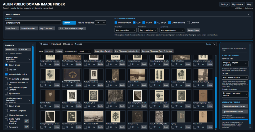 Alien Public Domain Image Finder showing a gallery of public-domain search results with rights filters