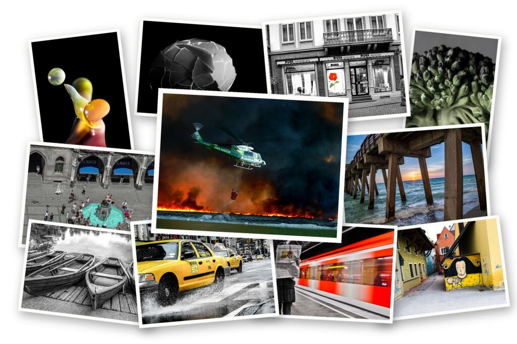 Collage of FotoAlien photographs, including a Miami-Dade Fire Rescue helicopter, street scenes, and macro images